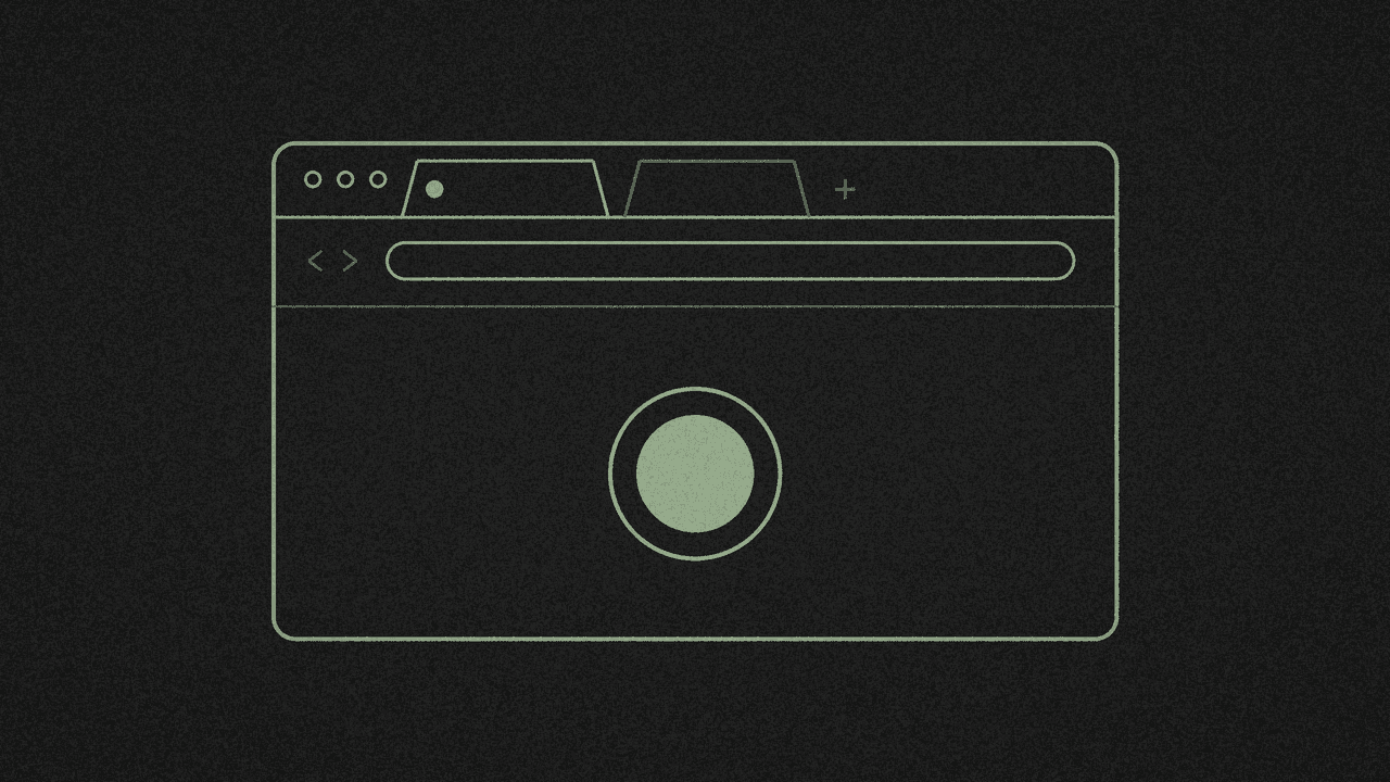 Chrome browser frame with a record dot in muted sage line-art on charcoal grain
