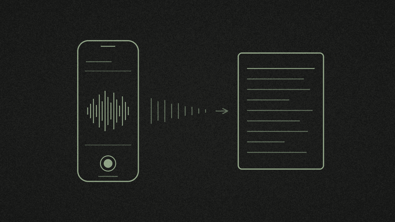 A phone with a voice memo waveform turning into lines of text in muted line-art