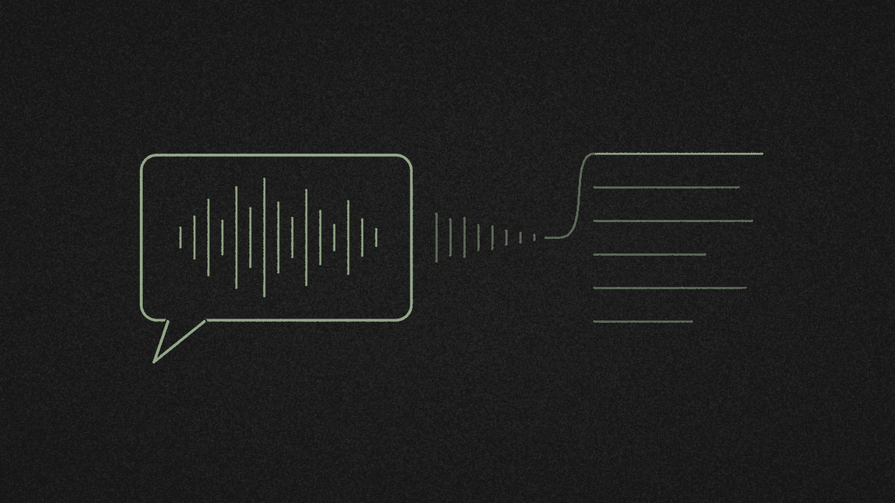 A speech bubble with a voice note waveform turning into lines of text in muted line-art