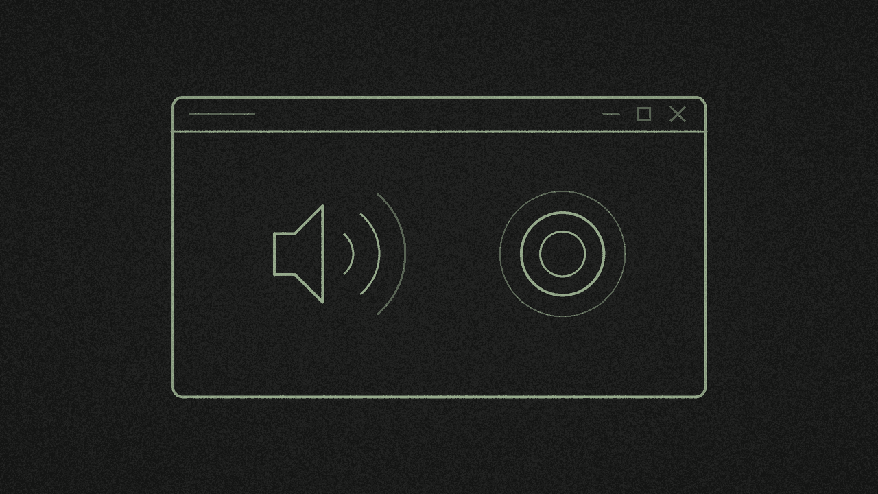 A window frame with a speaker icon and a record dot in muted line-art