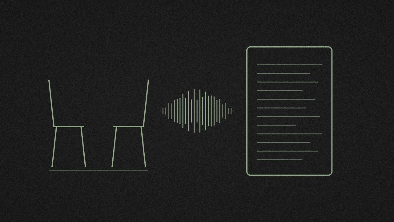 Two chairs with a waveform flowing into a lined page in muted line-art