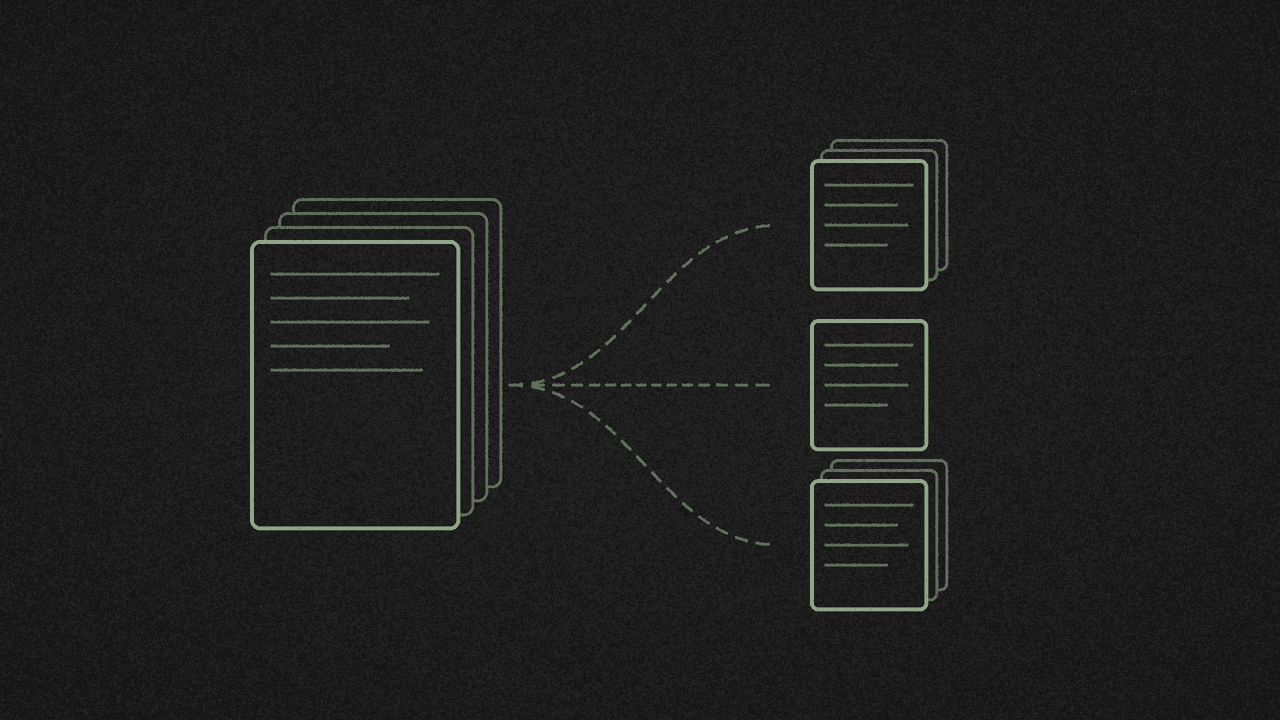 One document fanning out into three smaller stacks of pages in muted line-art