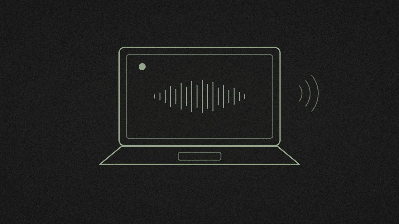 A laptop outline with a sound wave and a record dot in muted line-art