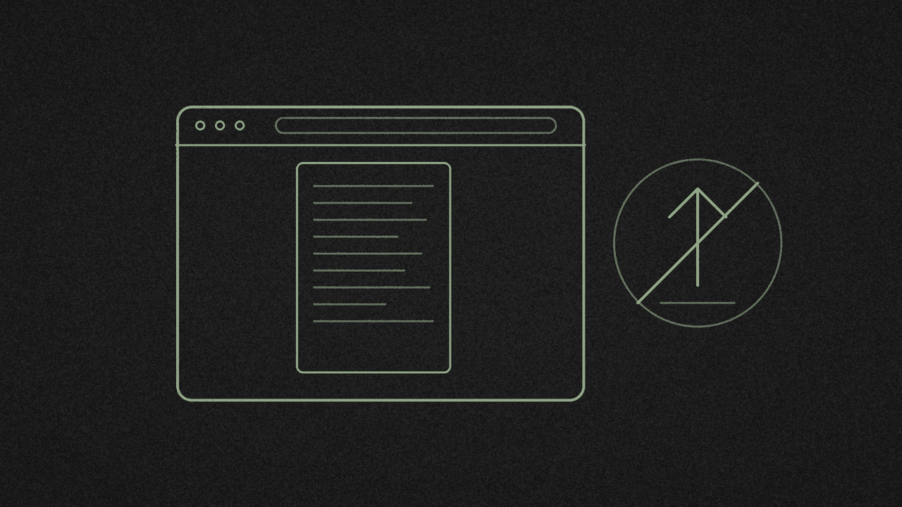 A document outline inside a browser window beside a crossed-out upload arrow in muted line-art