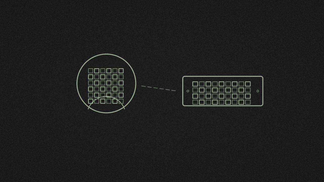A face outline and a number plate under pixel grids in muted line-art