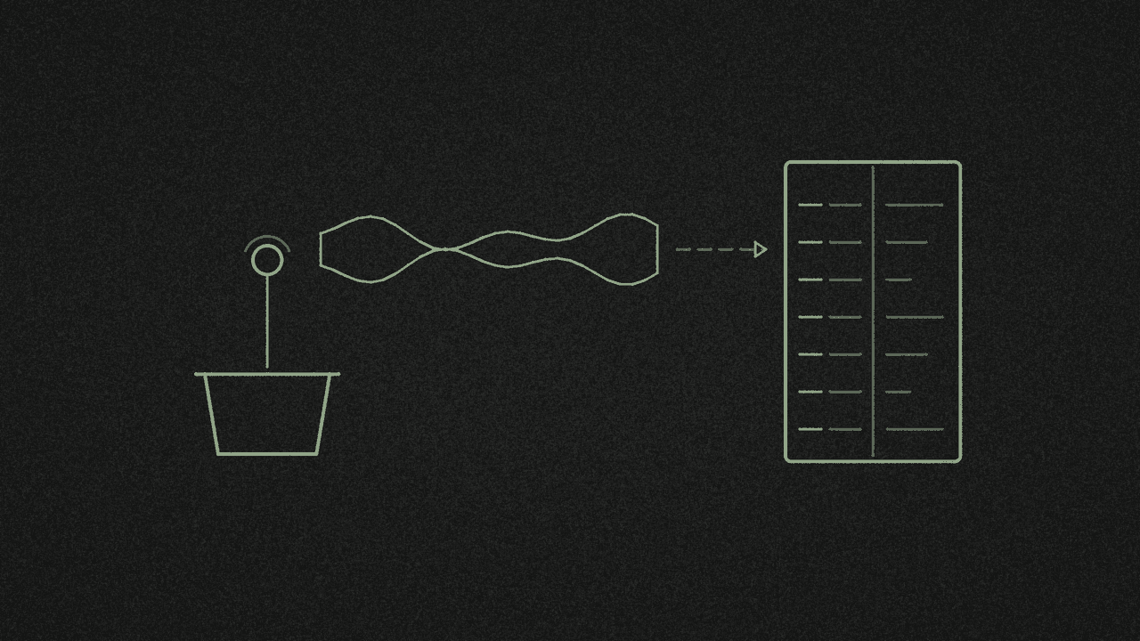 A lectern microphone waveform flowing into an open notebook of study notes in muted line-art