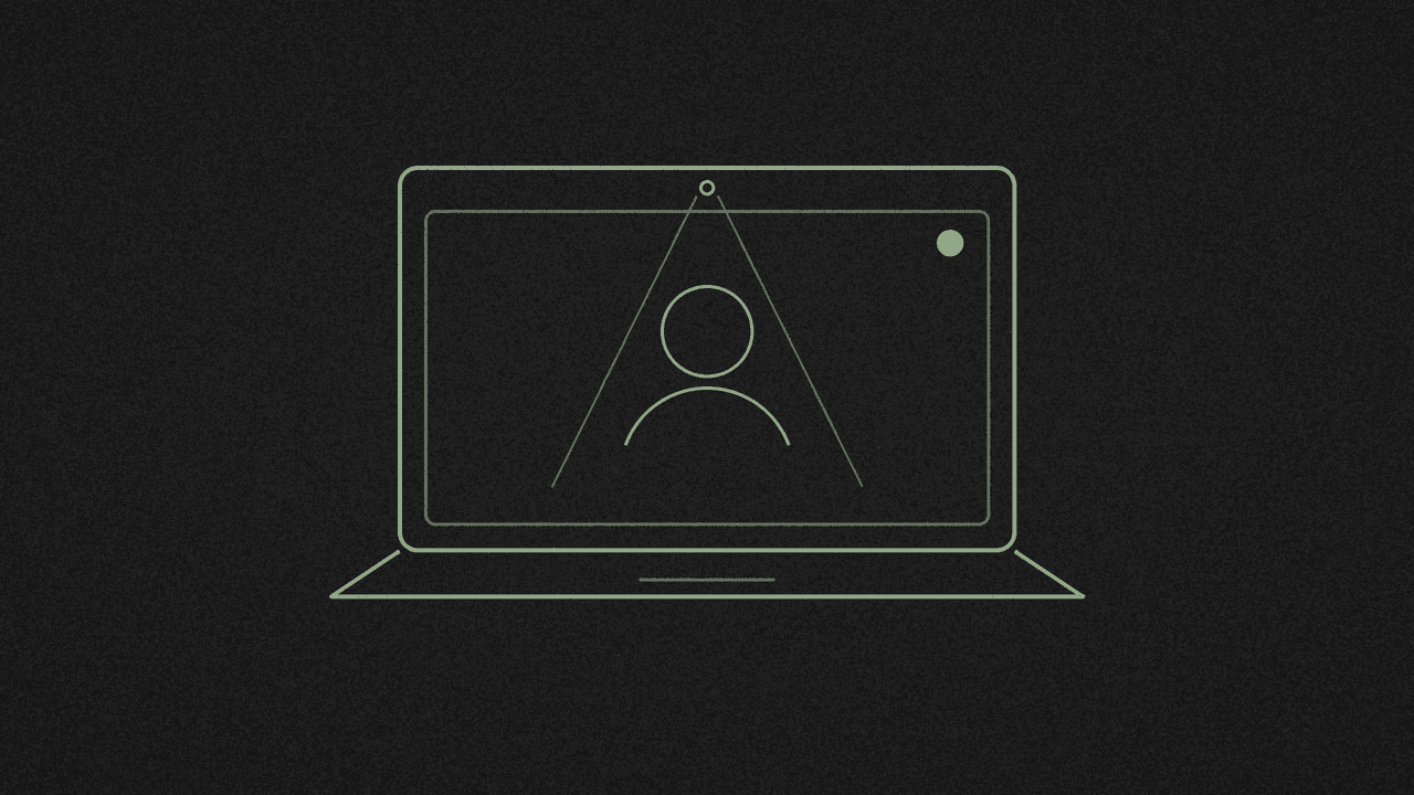 Line-art of a laptop with a webcam beam and a record dot on charcoal grain